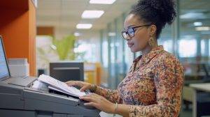 A businesswoman is using the copier at work. Managed Print concept, well-run print environment.