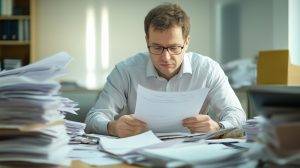 small business owner drowning in paperwork