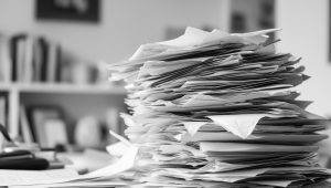 High Stack Of Papers On A Desk In A Black And White Image