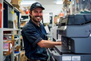 A cheerful technician is fixing a printer in a busy office, surrounded by equipment and supplies, contributing to a smooth workflow.