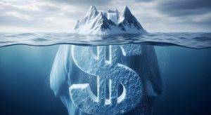 An iceberg with a dollar sign submerged underwater, symbolizing hidden costs and financial risks. 