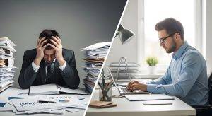 Contrast between a stressed businessman overwhelmed by paperwork and a calm, organized man working on a laptop.