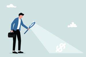 A businessman looking for hidden costs. concept of hidden printing costs.