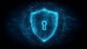 Glowing digital shield with keyhole representing cybersecurity resilience data protection and trusted access in virtual networks