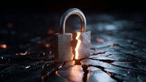 A cracked padlock emits a warm glow, symbolizing vulnerability and breaking barriers amid dark, textured surroundings.