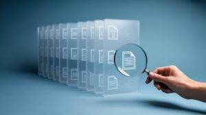 Searching and finding information in digital files with a magnifying glass over document icons on a blue background. Compliance in document management concept.