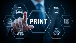 Business professional using a digital print management interface with printer, document, analytics, and workflow icons representing managed print services, print security, and office technology solutions.