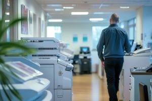 man walking by printer. printer security concept.