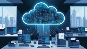 A modern office network with connected computers and multifunction printers linked to a secure cloud platform, illustrating managed print services, digital connectivity, and printer cybersecurity for businesses.