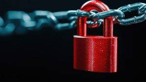 Close-up of a red padlock on a chain against a dark background. printer security concept.